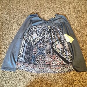 One World Women Mixed Paisley Print Keyhole Tie Long Sleeve Top Blue Grey Medium